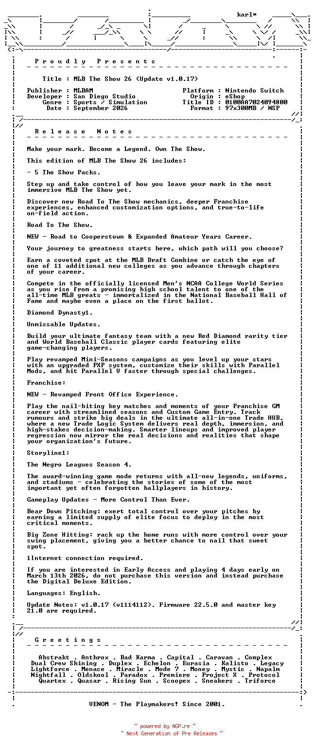 NFO for the release MLB_The_Show_26_Update_v1.0.17_NSW-VENOM by VENOM