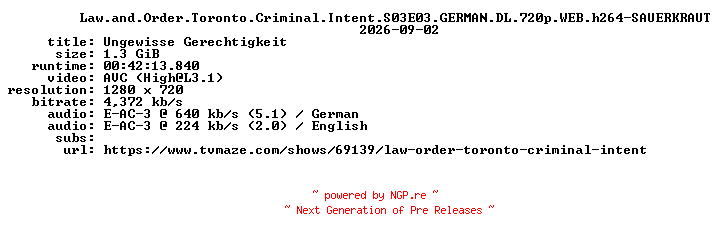 NFO for the release Law.and.Order.Toronto.Criminal.Intent.S03E03.GERMAN.DL.720p.WEB.h264-SAUERKRAUT by SAUERKRAUT