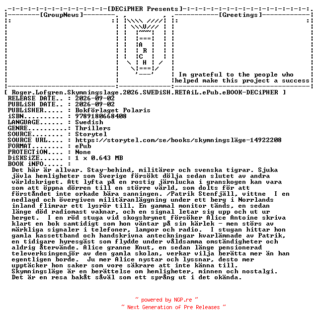 NFO for the release Roger.Lofgren.Skymningslage.2026.SWEDiSH.RETAiL.ePub.eBOOK-DECiPHER by DECiPHER