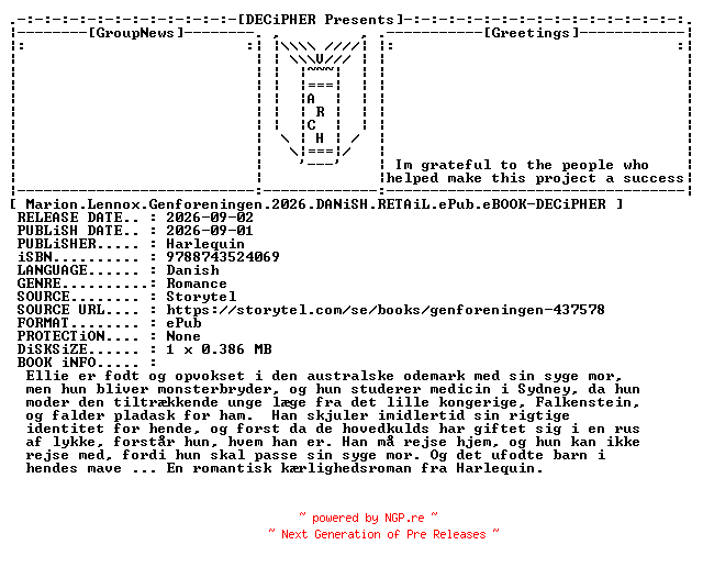 NFO for the release Marion.Lennox.Genforeningen.2026.DANiSH.RETAiL.ePub.eBOOK-DECiPHER by DECiPHER