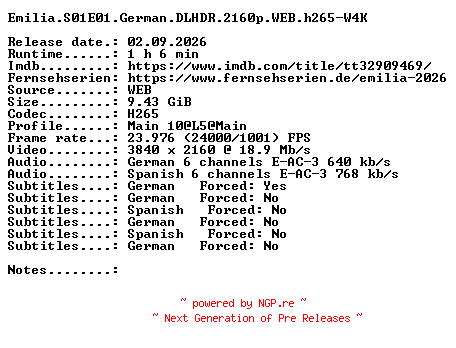 NFO for the release Emilia.S01E01.German.DLHDR.2160p.WEB.h265-W4K by W4K