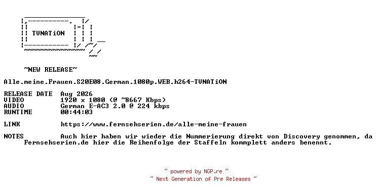 NFO for the release Alle.meine.Frauen.S20E08.German.1080p.WEB.h264-TVNATiON by TVNATiON