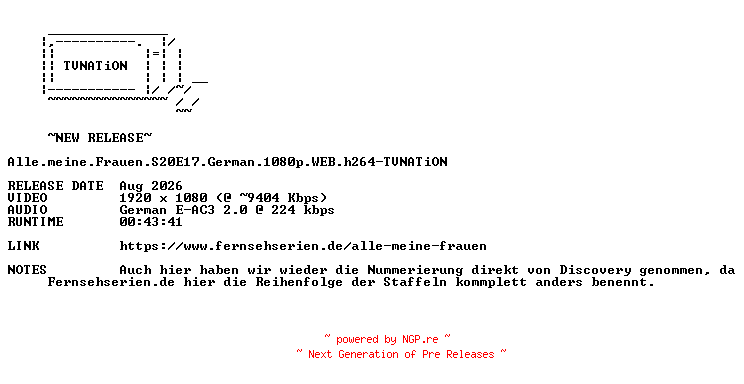 NFO for the release Alle.meine.Frauen.S20E17.German.1080p.WEB.h264-TVNATiON by TVNATiON