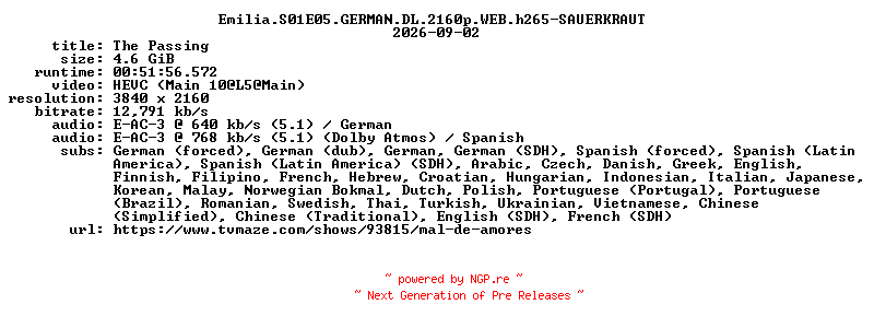 NFO for the release Emilia.S01E05.GERMAN.DL.2160p.WEB.h265-SAUERKRAUT by SAUERKRAUT