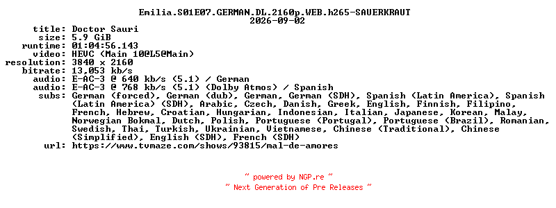 NFO for the release Emilia.S01E07.GERMAN.DL.2160p.WEB.h265-SAUERKRAUT by SAUERKRAUT