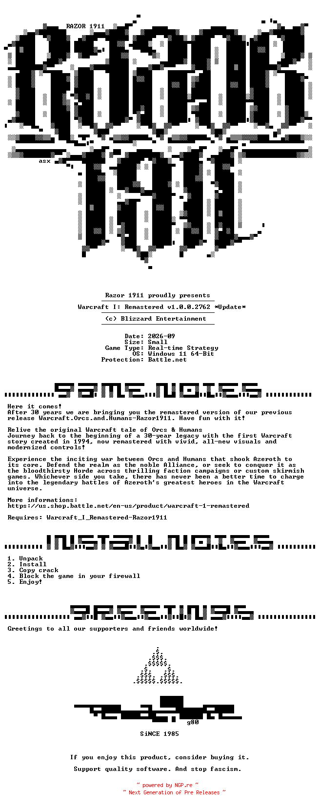 NFO for the release Warcraft_I_Remastered_Update_v1.0.0.2762-RazorDOX by RazorDOX