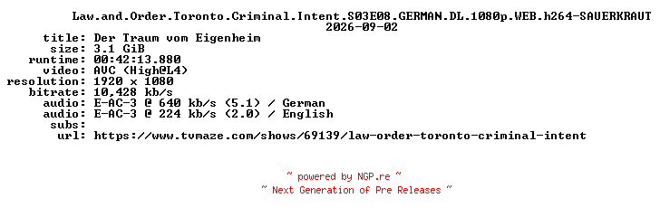 NFO for the release Law.and.Order.Toronto.Criminal.Intent.S03E08.GERMAN.DL.1080p.WEB.h264-SAUERKRAUT by SAUERKRAUT