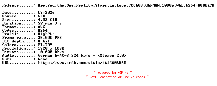NFO for the release Are.You.the.One.Reality.Stars.in.Love.S06E08.GERMAN.1080p.WEB.h264-RUBBiSH by RUBBiSH