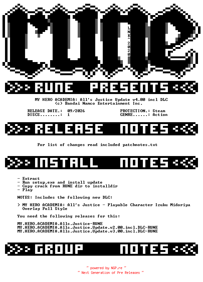 NFO for the release MY.HERO.ACADEMIA.Alls.Justice.Update.v4.00.incl.DLC-RUNE by RUNE