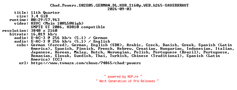 NFO for the release Chad.Powers.S02E05.GERMAN.DL.HDR.2160p.WEB.h265-SAUERKRAUT by SAUERKRAUT