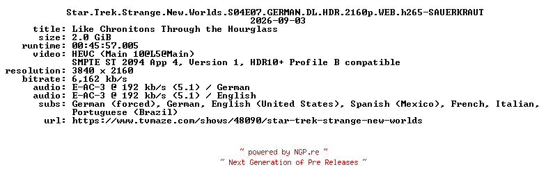 NFO for the release Star.Trek.Strange.New.Worlds.S04E07.GERMAN.DL.HDR.2160p.WEB.h265-SAUERKRAUT by SAUERKRAUT