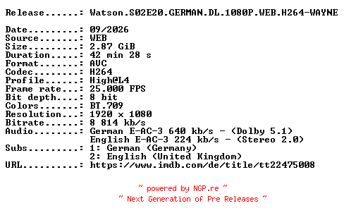 NFO for the release Watson.S02E20.GERMAN.DL.1080P.WEB.H264-WAYNE by WAYNE