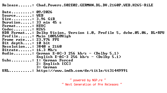 NFO for the release Chad.Powers.S02E02.GERMAN.DL.DV.2160P.WEB.H265-RiLE by RiLE