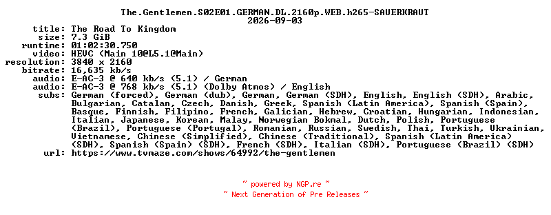 NFO for the release The.Gentlemen.S02E01.GERMAN.DL.2160p.WEB.h265-SAUERKRAUT by SAUERKRAUT