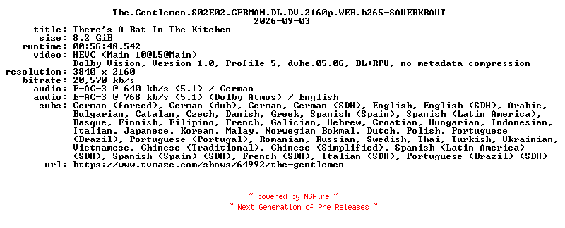 NFO for the release The.Gentlemen.S02E02.GERMAN.DL.DV.2160p.WEB.h265-SAUERKRAUT by SAUERKRAUT