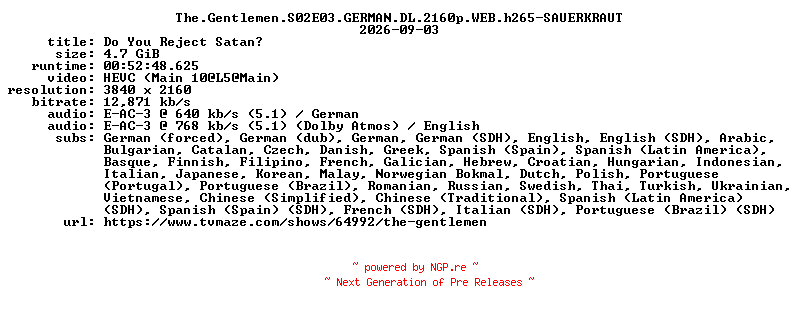 NFO for the release The.Gentlemen.S02E03.GERMAN.DL.2160p.WEB.h265-SAUERKRAUT by SAUERKRAUT