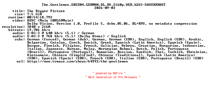 NFO for the release The.Gentlemen.S02E04.GERMAN.DL.DV.2160p.WEB.h265-SAUERKRAUT by SAUERKRAUT
