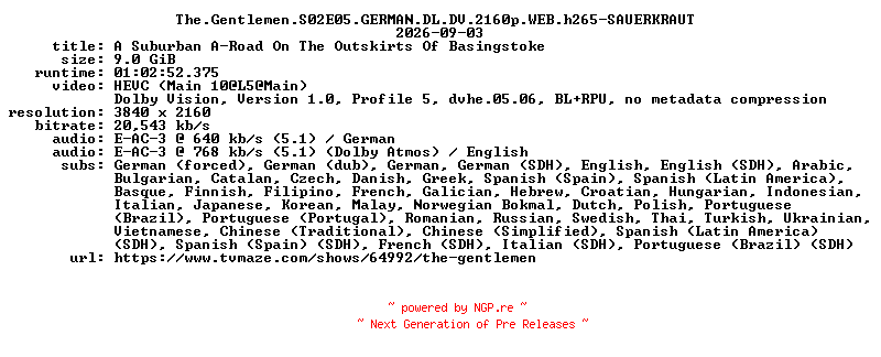 NFO for the release The.Gentlemen.S02E05.GERMAN.DL.DV.2160p.WEB.h265-SAUERKRAUT by SAUERKRAUT