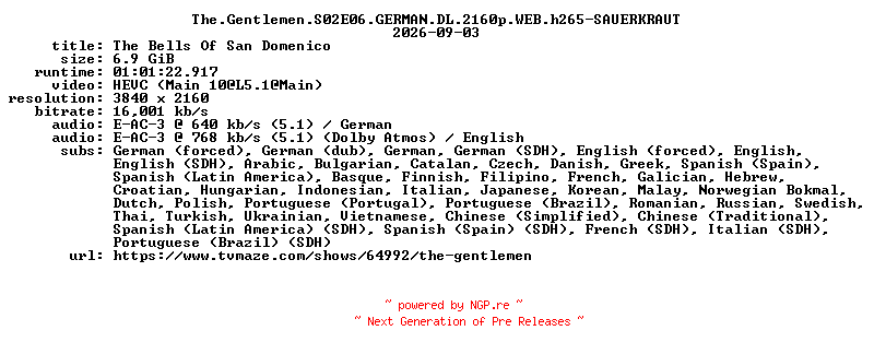 NFO for the release The.Gentlemen.S02E06.GERMAN.DL.2160p.WEB.h265-SAUERKRAUT by SAUERKRAUT