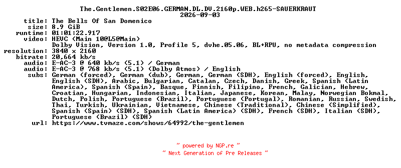 NFO for the release The.Gentlemen.S02E06.GERMAN.DL.DV.2160p.WEB.h265-SAUERKRAUT by SAUERKRAUT