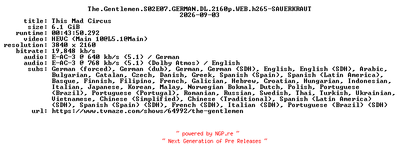 NFO for the release The.Gentlemen.S02E07.GERMAN.DL.2160p.WEB.h265-SAUERKRAUT by SAUERKRAUT