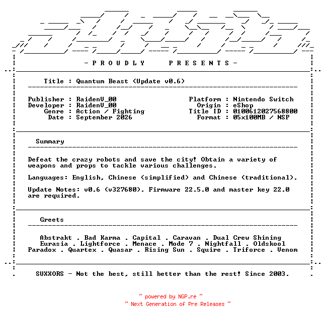 NFO for the release Quantum_Beast_Update_v0.6_NSW-SUXXORS by SUXXORS