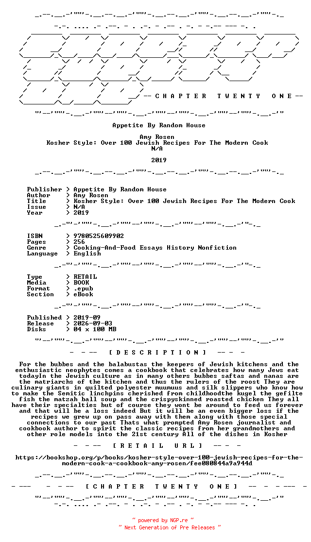NFO for the release Amy.Rosen.-.Kosher.Style.Over.100.Jewish.Recipes.For.The.Modern.Cook.2019.RETAIL.EPUB.eBook-CTO by CTO