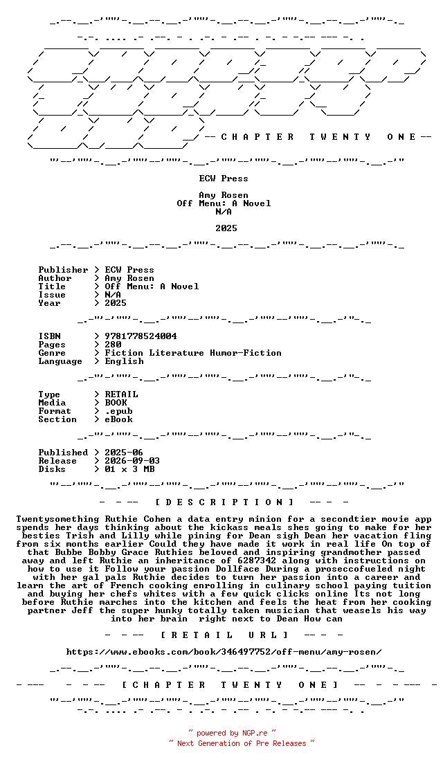 NFO for the release Amy.Rosen.-.Off.Menu.A.Novel.2025.RETAIL.EPUB.eBook-CTO by CTO