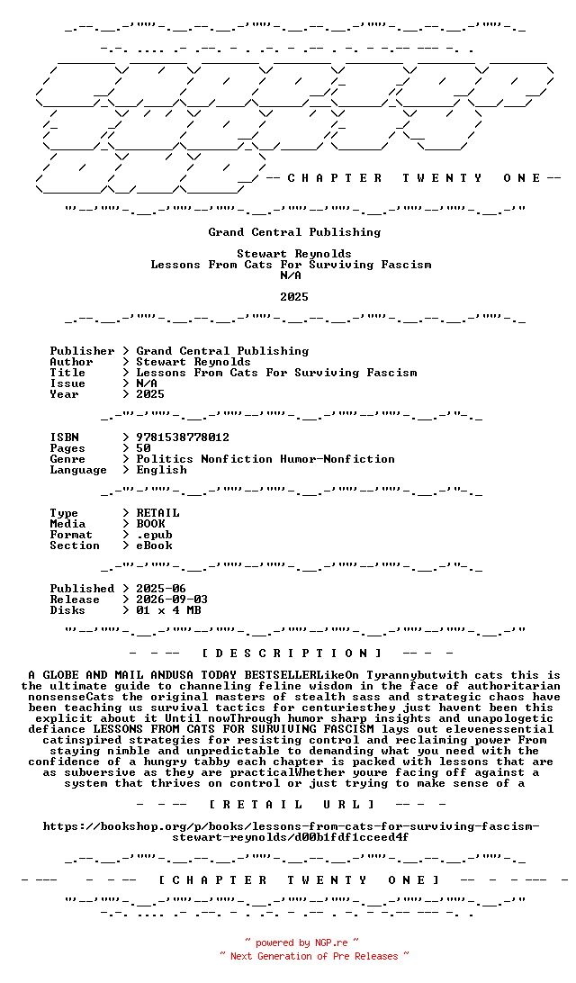 NFO for the release Stewart.Reynolds.-.Lessons.From.Cats.For.Surviving.Fascism.2025.RETAIL.EPUB.eBook-CTO by CTO