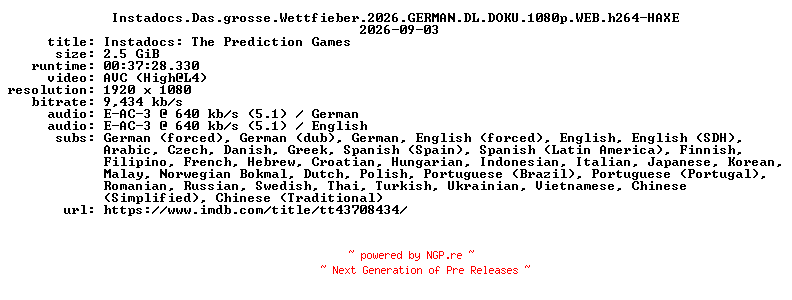 NFO for the release Instadocs.Das.grosse.Wettfieber.2026.GERMAN.DL.DOKU.1080p.WEB.h264-HAXE by HAXE