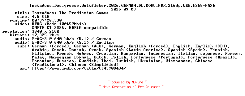 NFO for the release Instadocs.Das.grosse.Wettfieber.2026.GERMAN.DL.DOKU.HDR.2160p.WEB.h265-HAXE by HAXE