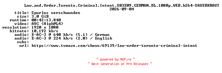 NFO for the release Law.and.Order.Toronto.Criminal.Intent.S03E09.GERMAN.DL.1080p.WEB.h264-SAUERKRAUT by SAUERKRAUT