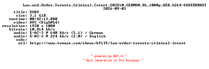 NFO for the release Law.and.Order.Toronto.Criminal.Intent.S03E10.GERMAN.DL.1080p.WEB.h264-SAUERKRAUT by SAUERKRAUT