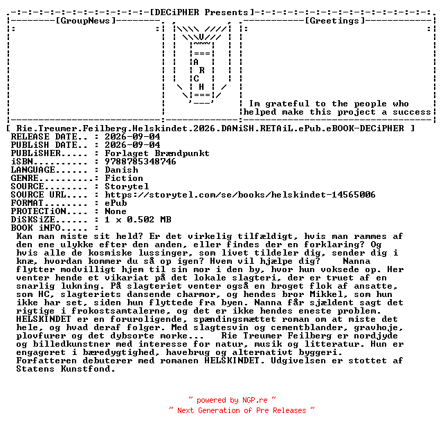 NFO for the release Rie.Treumer.Feilberg.Helskindet.2026.DANiSH.RETAiL.ePub.eBOOK-DECiPHER by DECiPHER