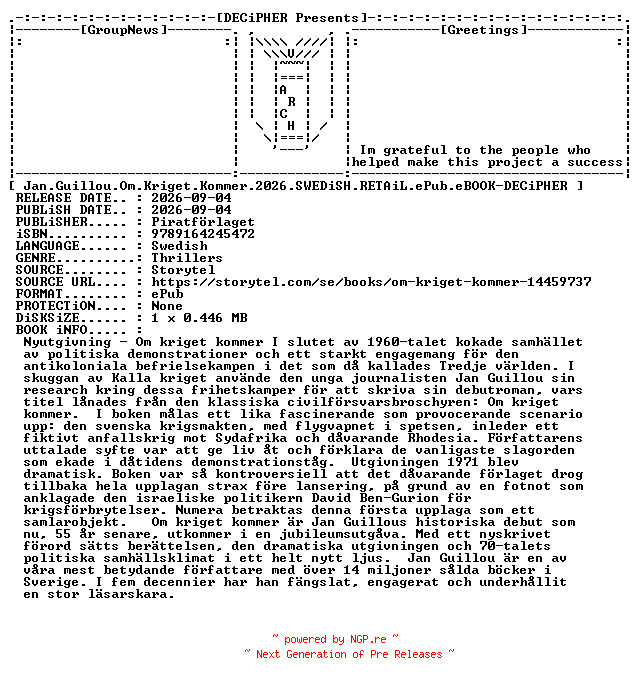 NFO for the release Jan.Guillou.Om.Kriget.Kommer.2026.SWEDiSH.RETAiL.ePub.eBOOK-DECiPHER by DECiPHER