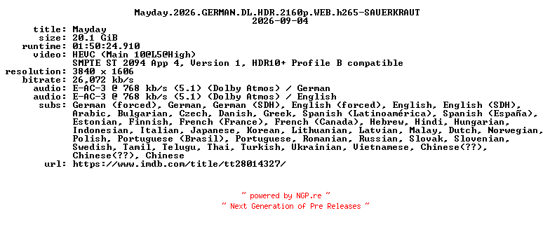 NFO for the release Mayday.2026.GERMAN.DL.HDR.2160p.WEB.h265-SAUERKRAUT by SAUERKRAUT
