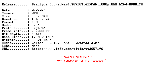 NFO for the release Beauty.and.the.Nerd.S07E03.GERMAN.1080p.WEB.h264-RUBBiSH by RUBBiSH