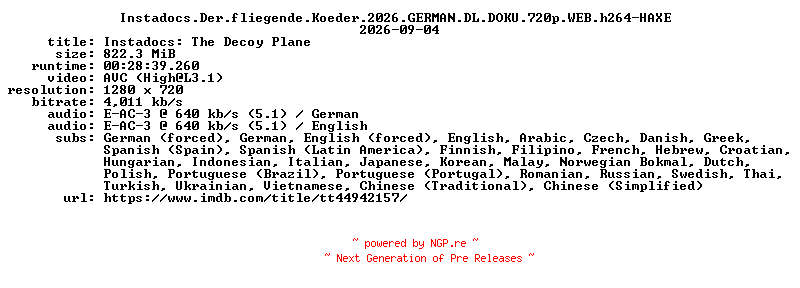 NFO for the release Instadocs.Der.fliegende.Koeder.2026.GERMAN.DL.DOKU.720p.WEB.h264-HAXE by HAXE