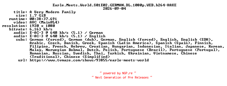 NFO for the release Earle.Meets.World.S01E02.GERMAN.DL.1080p.WEB.h264-HAXE by HAXE