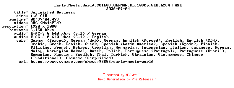 NFO for the release Earle.Meets.World.S01E03.GERMAN.DL.1080p.WEB.h264-HAXE by HAXE