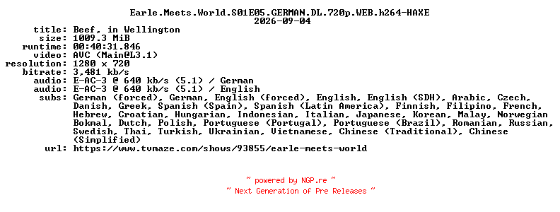 NFO for the release Earle.Meets.World.S01E05.GERMAN.DL.720p.WEB.h264-HAXE by HAXE