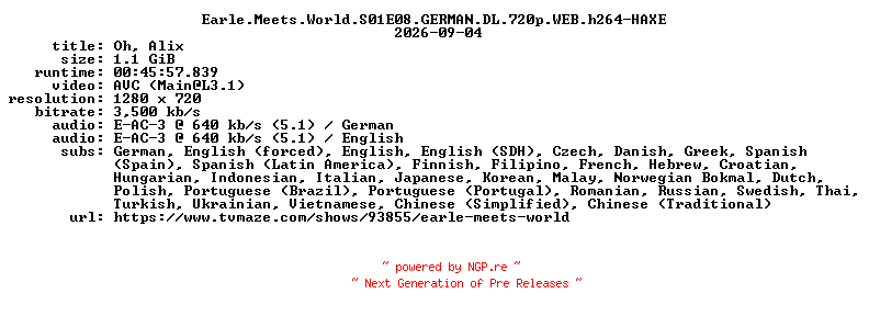 NFO for the release Earle.Meets.World.S01E08.GERMAN.DL.720p.WEB.h264-HAXE by HAXE