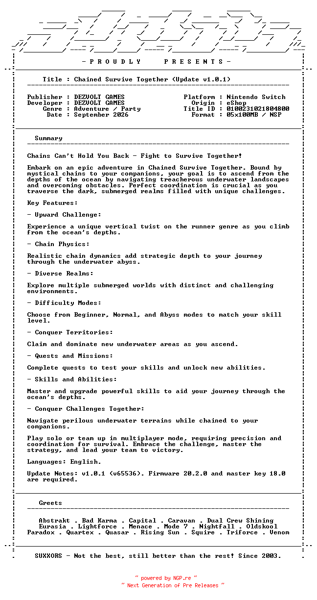 NFO for the release Chained_Survive_Together_Update_v1.0.1_NSW-SUXXORS by SUXXORS