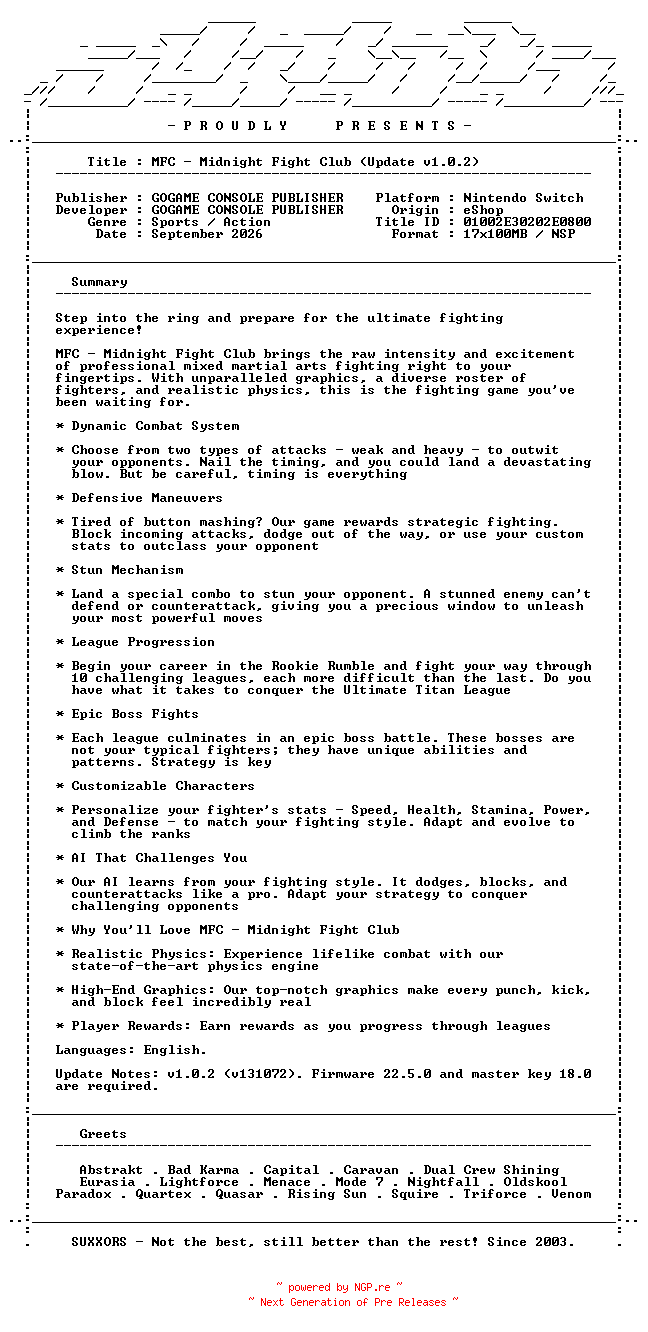 NFO for the release MFC_Midnight_Fight_Club_Update_v1.0.2_NSW-SUXXORS by SUXXORS