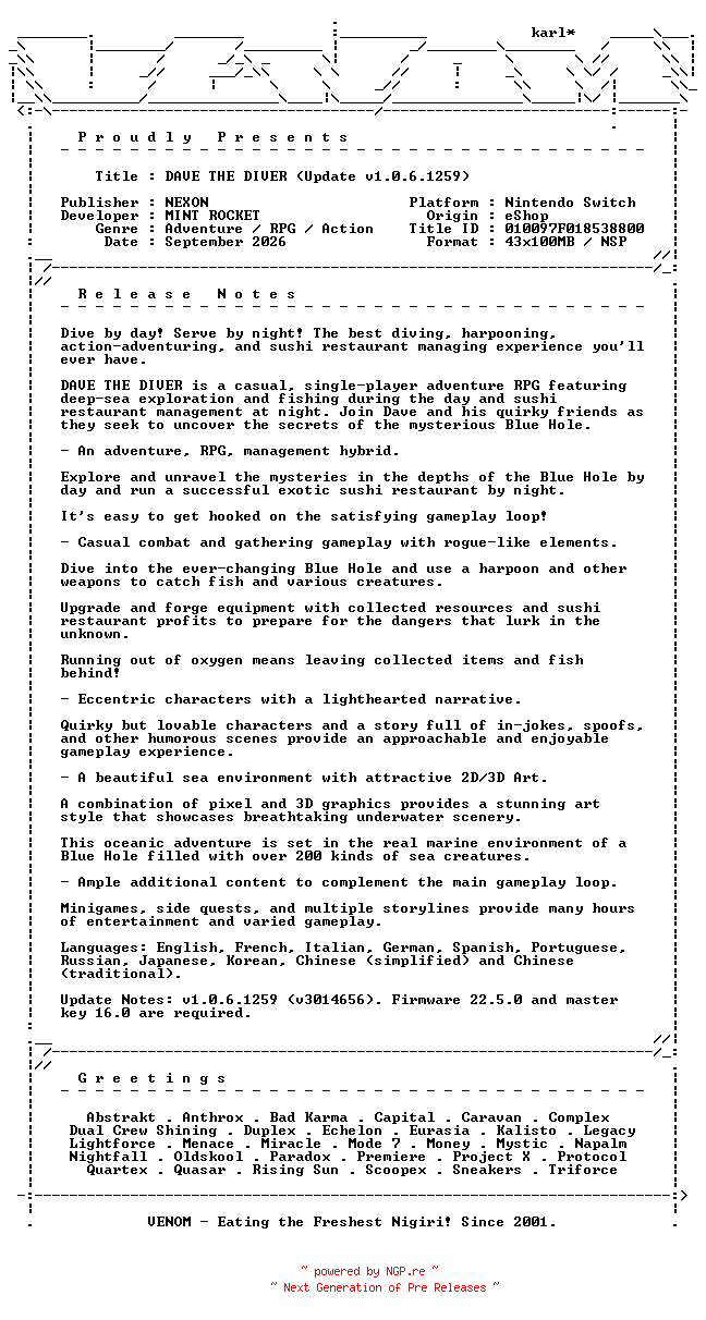 NFO for the release DAVE_THE_DIVER_Update_v1.0.6.1259_NSW-VENOM by VENOM