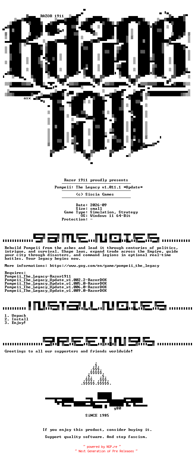 NFO for the release Pompeii_The_Legacy_Update_v1.011.1-RazorDOX by RazorDOX