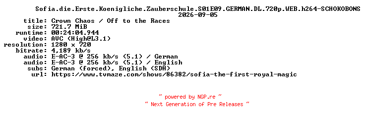 NFO for the release Sofia.die.Erste.Koenigliche.Zauberschule.S01E09.GERMAN.DL.720p.WEB.h264-SCHOKOBONS by SCHOKOBONS
