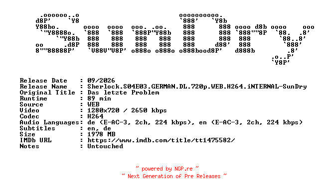 NFO for the release Sherlock.S04E03.GERMAN.DL.720p.WEB.H264.iNTERNAL-SunDry by SunDry