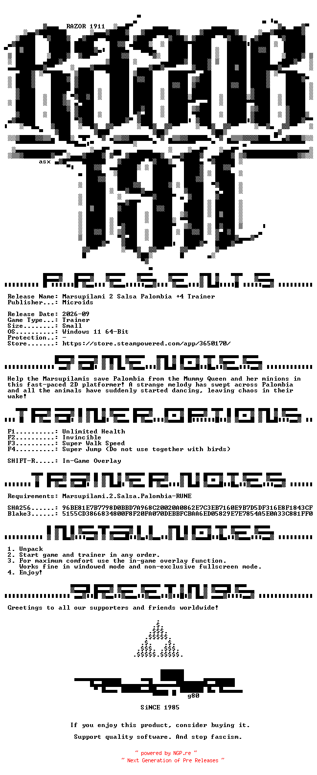 NFO for the release Marsupilami_2_Salsa_Palombia_Plus_4_Trainer-RazorDOX by RazorDOX