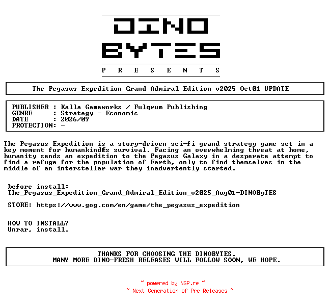 NFO for the release The_Pegasus_Expedition_Grand_Admiral_Edition_v2025_Oct01_UPDATE-DINOByTES by DINOByTES